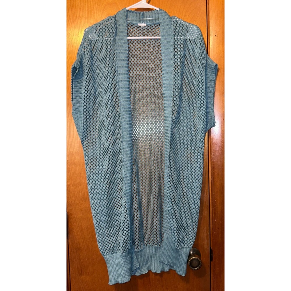 Open Front Womens Crochet Dusty Blue Knit Cardigan Sweater Est Size XL